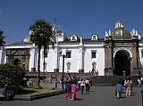 Ecuador Quito 02-04 Old Quito Plaza Grande Cathedral Built between 1550 and 1562, the Cathedral with its gleaming white walls borders one side of the Plaza Grande. We took a free glance at the interior of the Cathedral in the early morning, but it was not too impressive, so we didn�t take an official visit. The Cathedral does include the ornate tomb of Mariscal Sucre, Antonio Jose de Sucre (1795 � 1830), a hero of Ecuadorian and Latin American independence.